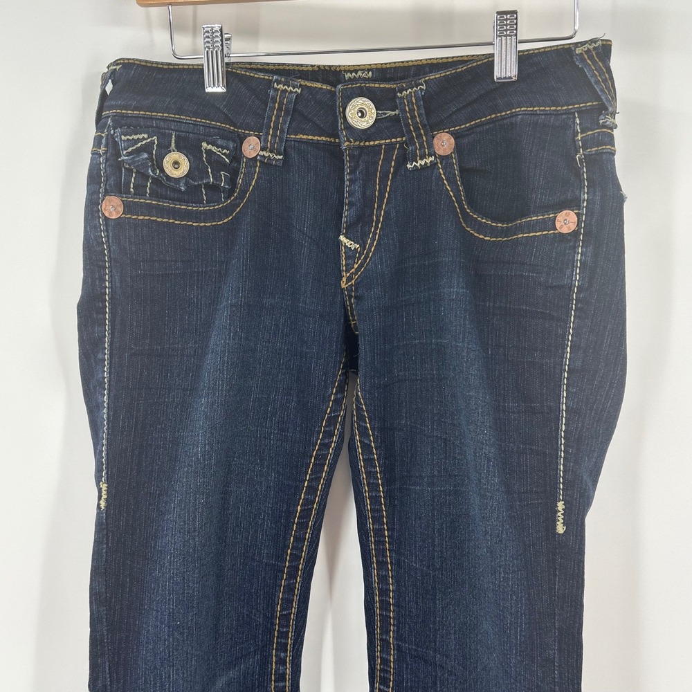 True Religion Joey Flare Jeans Dark Wash Stitching Low Rise Made in USA Size 29